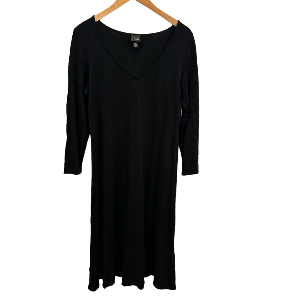 Eileen FISHER V NECK BLACK JERSEY WOOL CASHMERE BLEND 3/4 sleeve knee‎ DRESS M